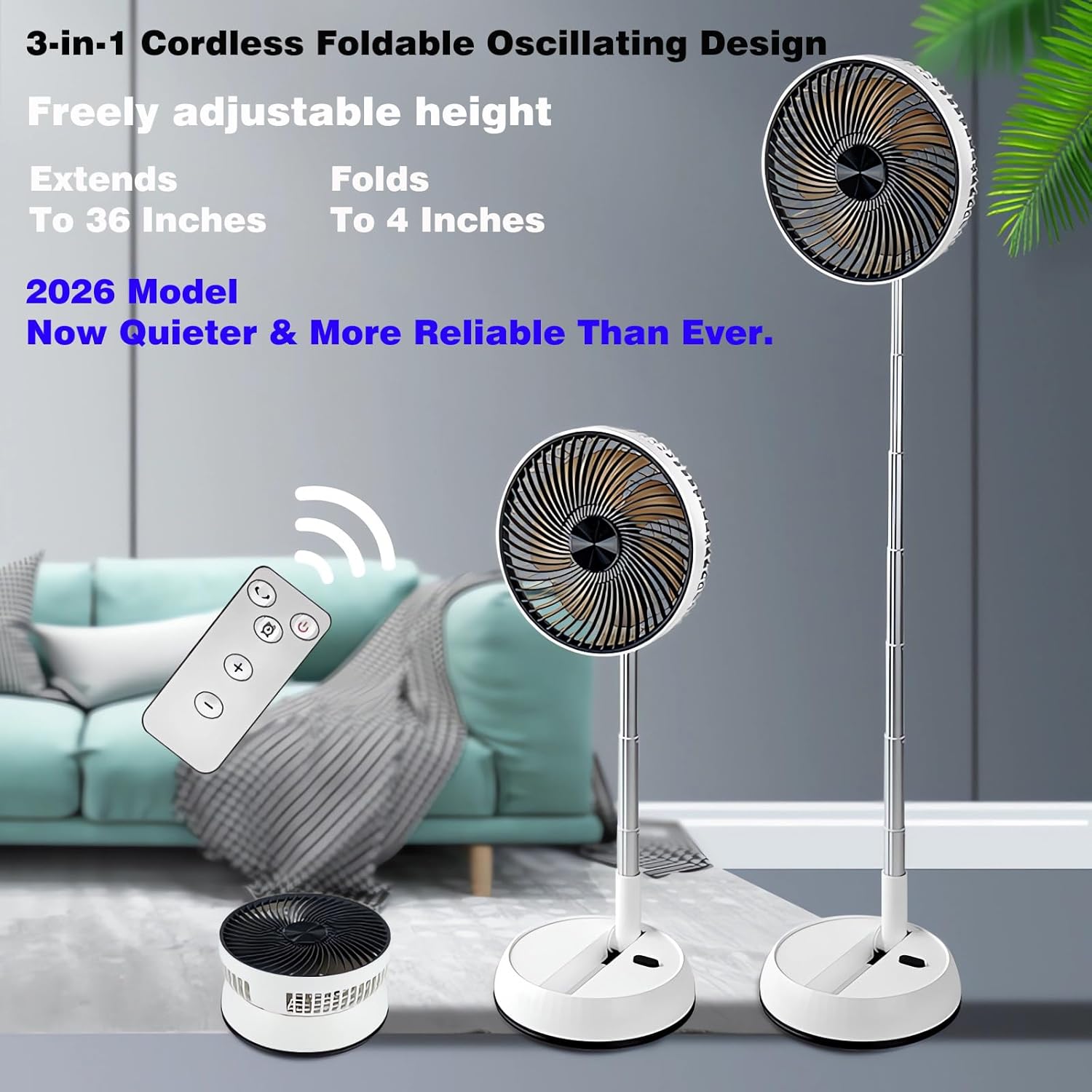 Foldable Rechargeable Oscillating Fan 20.32cm 7200Mah Battery Operated Small Fan, Quiet Table Standing Pedestal Fans for Bedroom Office Camping Travel (White Body And Black Front Grille)