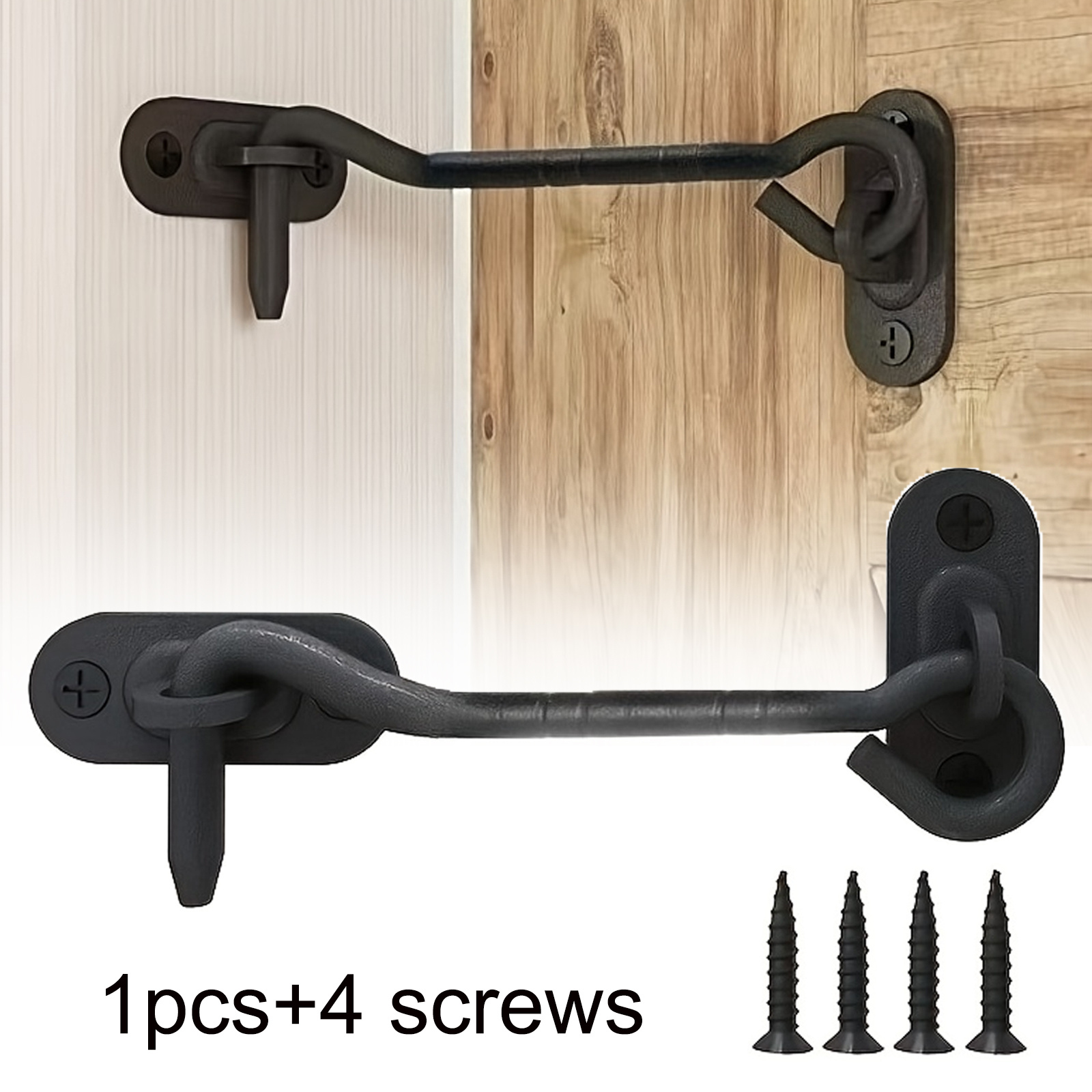 E-shop Schwarzes Hochleistungs-Scheunentor-Schloss 5-teiliges Set (1 Haken, 4 Schrauben) Schiebetür-Drück-Zieh-Haken-Schloss, winddichter Fensterhaken,