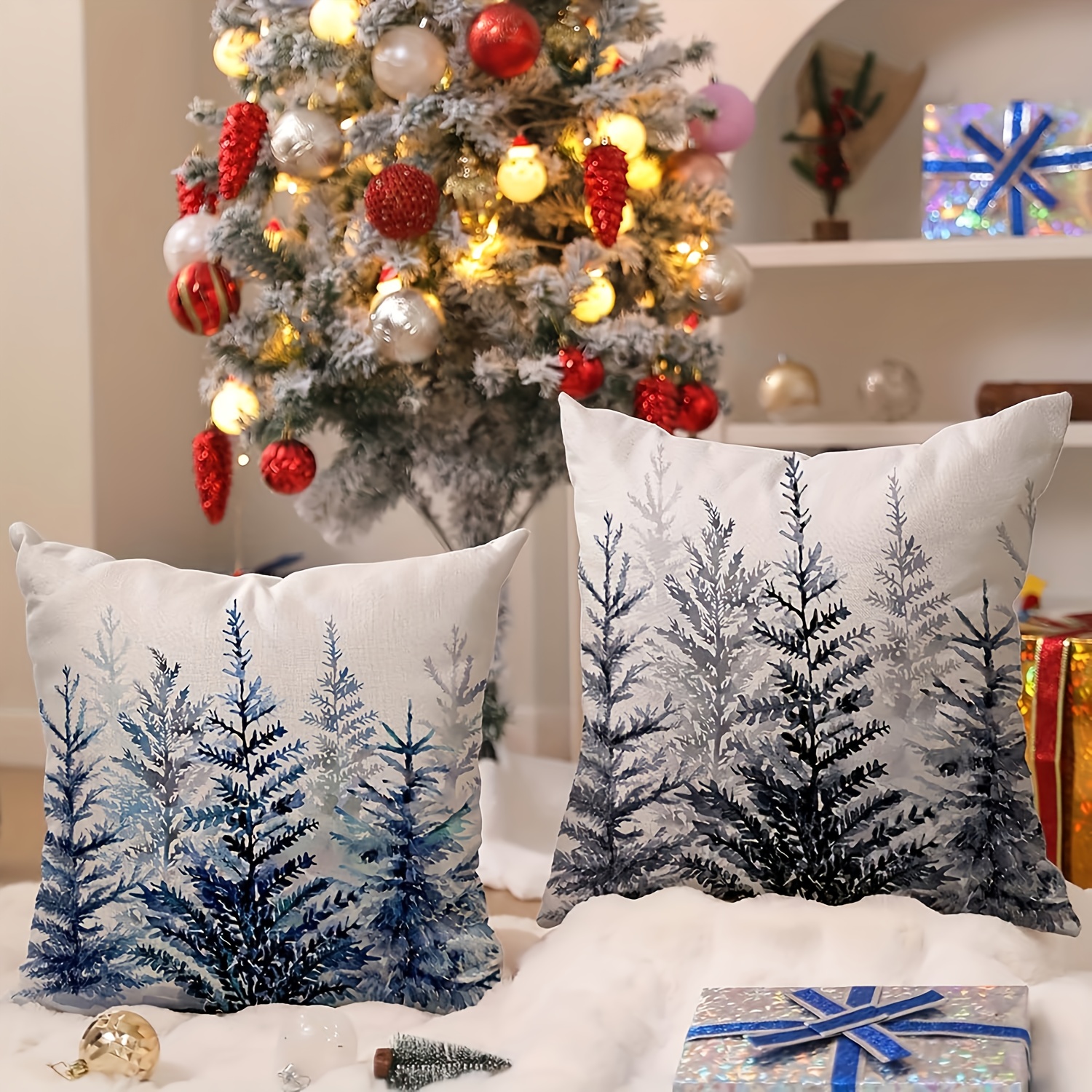 TEMU 2pcs Winter Christmas Pillow With Vintage Blue Christmas , Country Style, Zipper Closure, Machine Washable, Suitable For Living Room, Bed, Sofa,