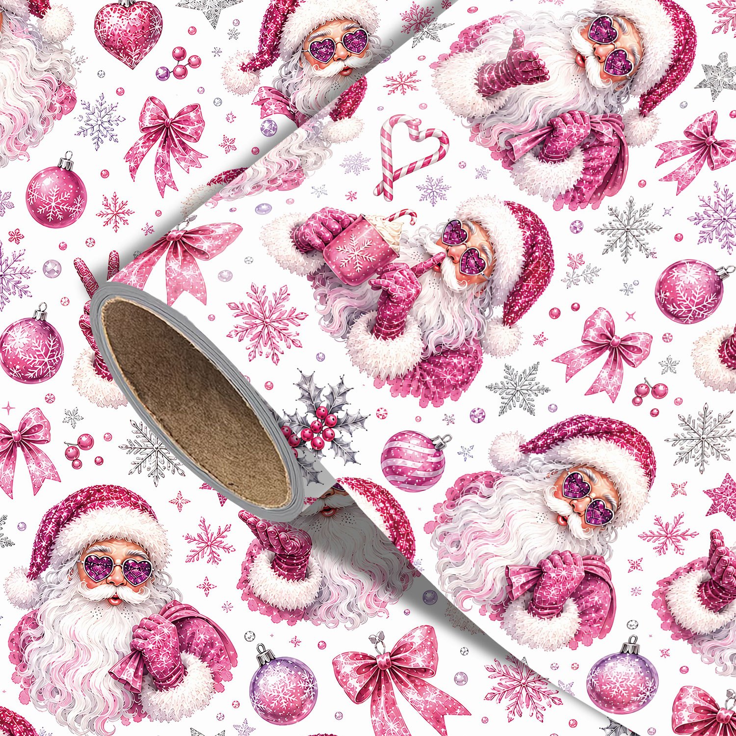 TEMU Rouleau de papier cadeau de Noël Père Noël rose - 17.7 X 118 pouces, papier d'emballage cadeau de Noël rose étincelant avec Père , nœuds, cœurs,
