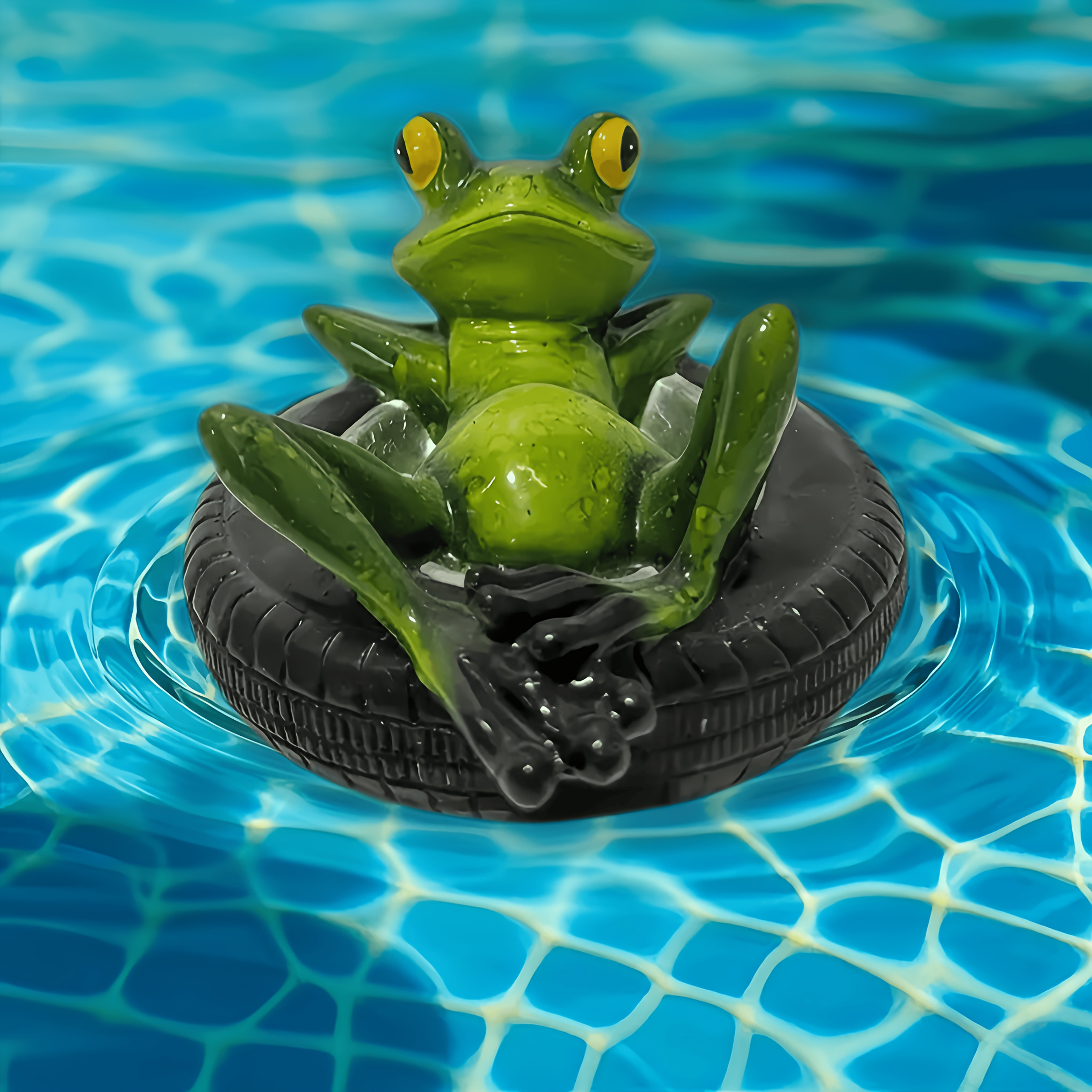 E-shop Vintage Harz- Gartenstatue - Grüner auf schwimmendem Reifen Teichdekoration mit gelben Augen, langlebige Outdoor-Froschfigur geeignet für