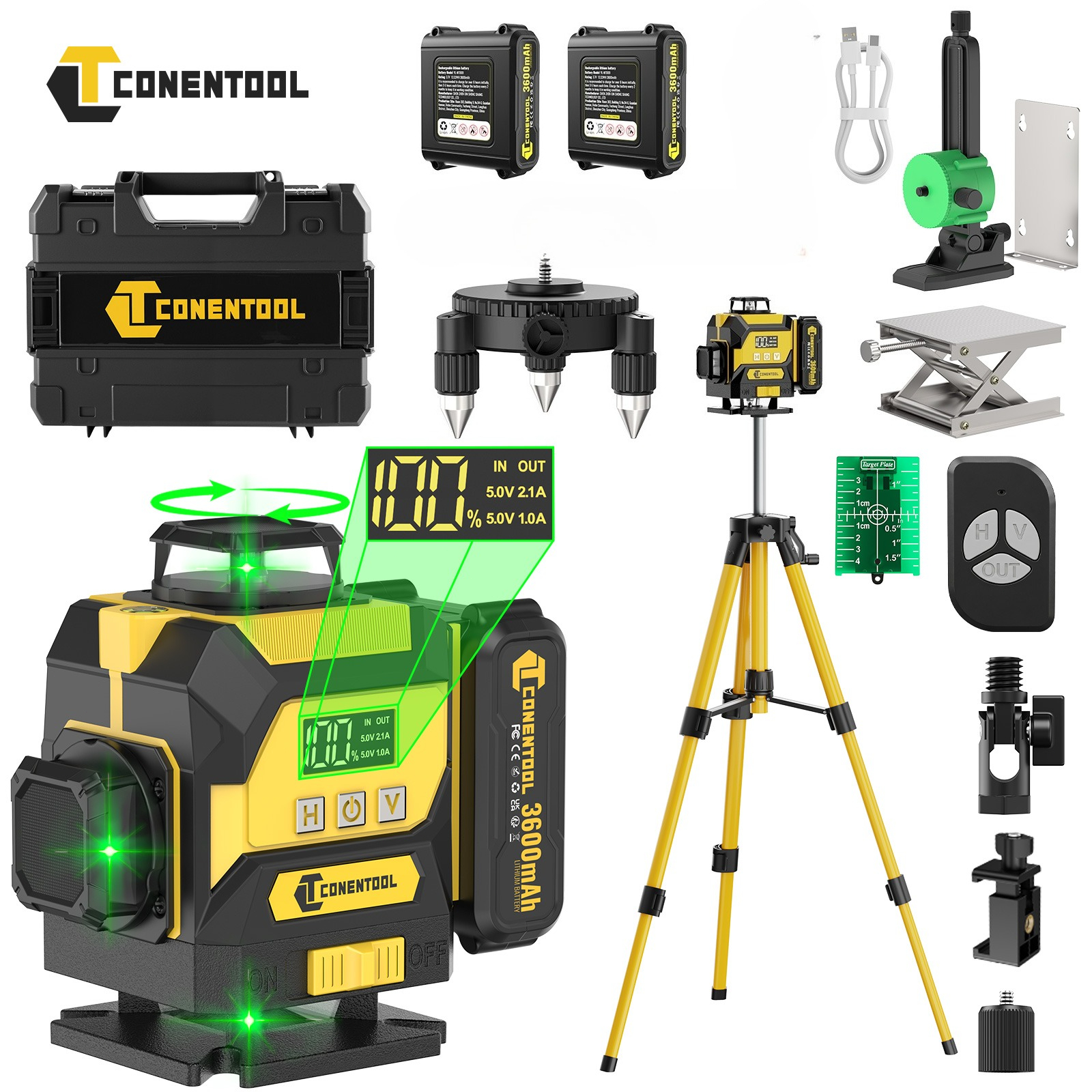 Conentool Professional 4d Laser Level With Heavy-duty Tripod Stand & Extension Bar, 16-line Horizontal/vertical , Battery/lcd Display, 360° Rotatable Base Suitable For Diy,, Renovation, -scale