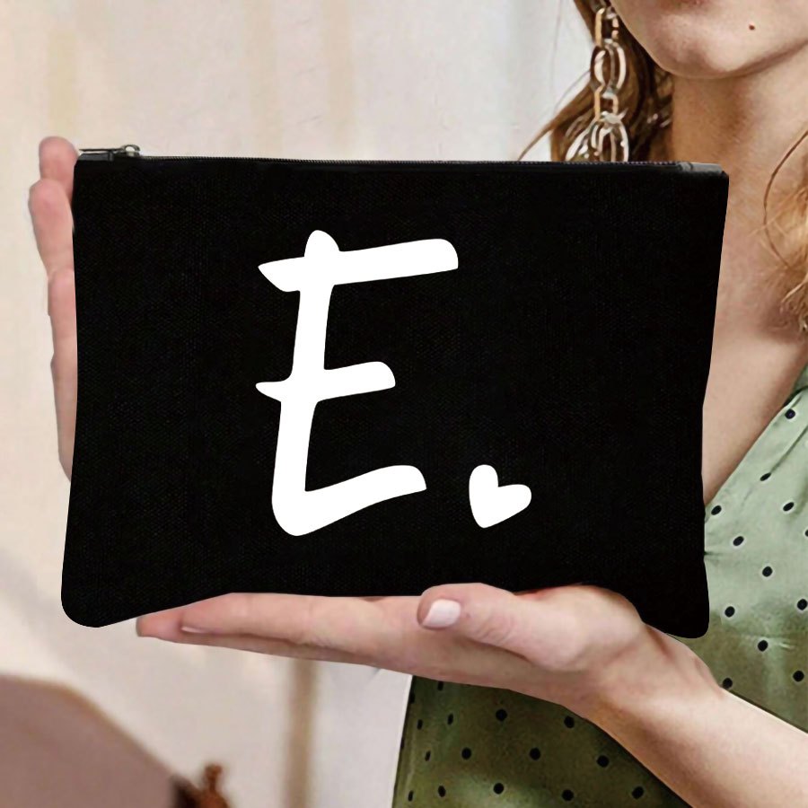 TEMU 1pc Initials Printed Women's Makeup Bag, Black Small Bag, Letters A-z, Cosmetic Bag, Portable Wash Bag, Teacher's Day Gift, Reusable Makeup Bag,
