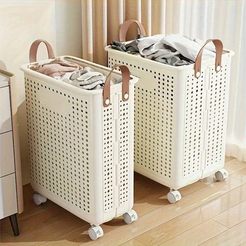 rolling plastic foldable laundry basket cube storage container box organiser with wheels handle durable ventilated foldable hamper for bathroom and balcony storage laundry bag laundry room accessories laundry baskets