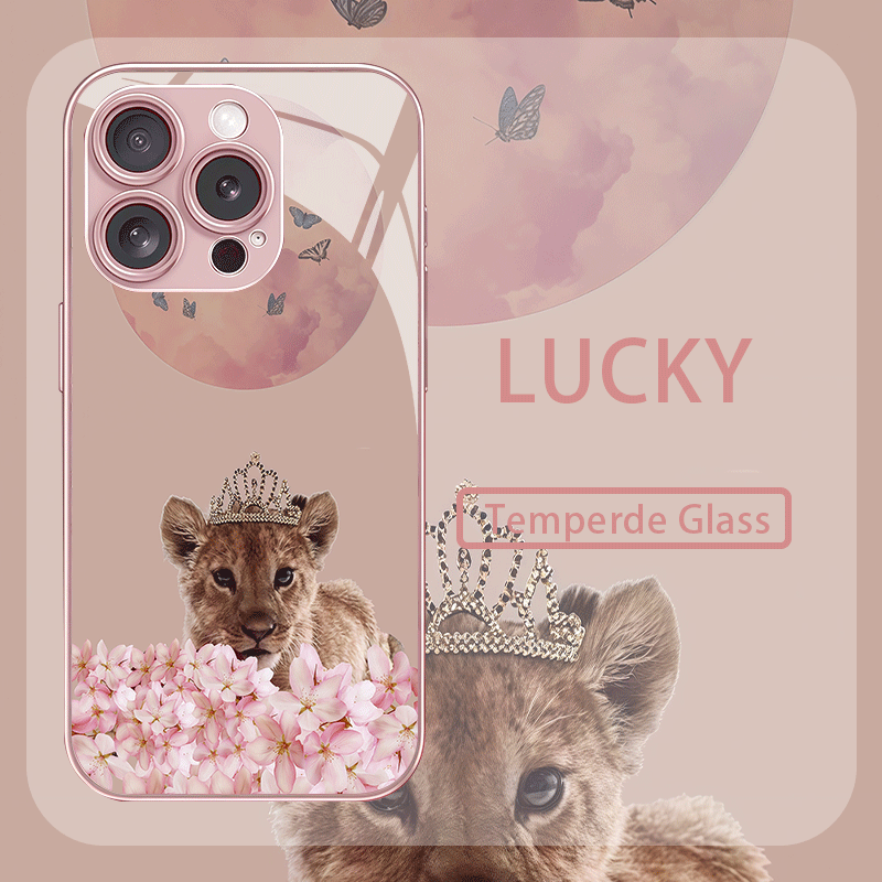 TEMU 1 Pink Floral Pattern Glass Phone Case With Crown Lion For Iphone 17/17 Air/17 Pro/17 Pro Max/16/16 Plus/16 Pro/16 Pro Max/ Plus/15 Pro/15 Pro