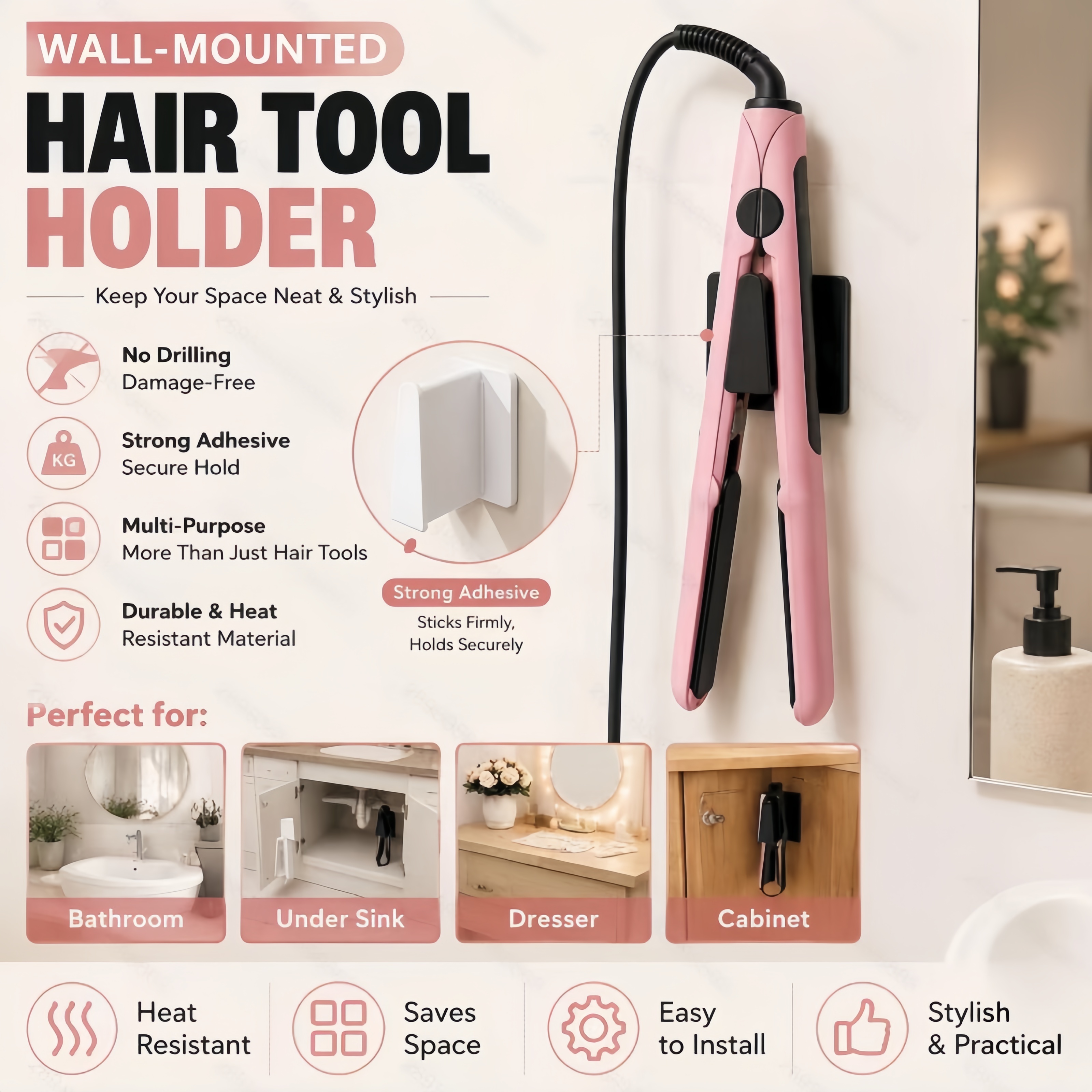 TEMU 2 pezzi di ganci per capelli dritti adesivi forti da parete senza trapano, organizer per strumenti per capelli resistente al calore per