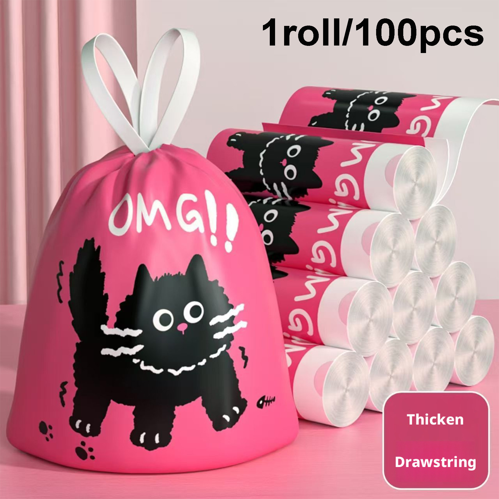 TEMU 1roll/100pcs Pink Cute Black Cat Drawstring Trash Bags Thickened Durable Household Garbage Bags