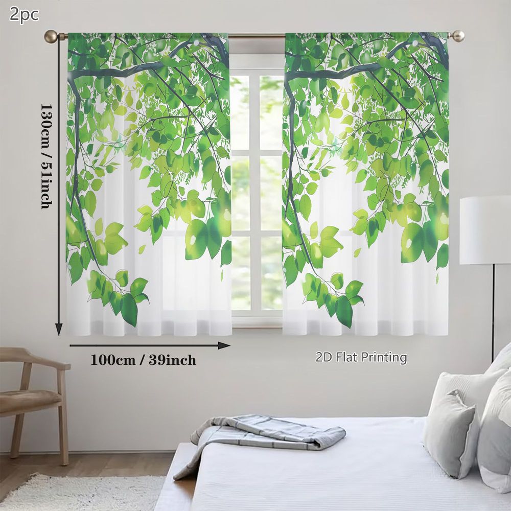 TEMU 2d Flat - 2d Flat - Set Of 2 Lightweight Sheer Curtains In A Vibrant Forest Green And Lime Leaf Design Against White Backdrop, Suitable For