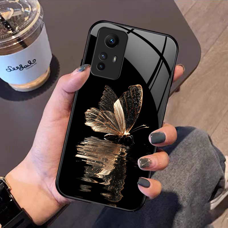 TEMU Fundas para Redmi Note 12S, Carcasa de vidrio templado resistente a golpes con impresiones realistas de mariposas hermosas