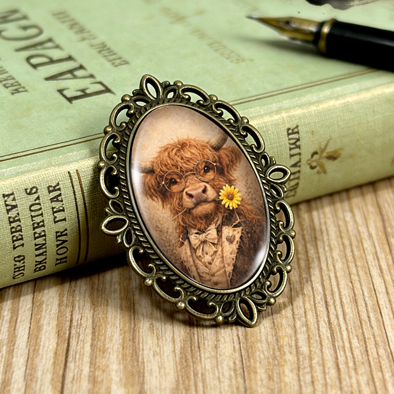 TEMU 1pc Gentleman Highland Cow Brooch Oval Lace- Glass Brooches Clothing Backpack Accessory Ideal Gift