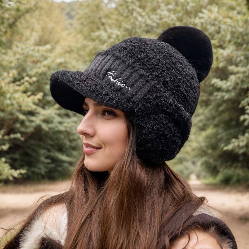 

's Knitted Cap Ear , Windproof Hat, Fleece Cap Fur , For And Cycling, Fashionable Accessory For
