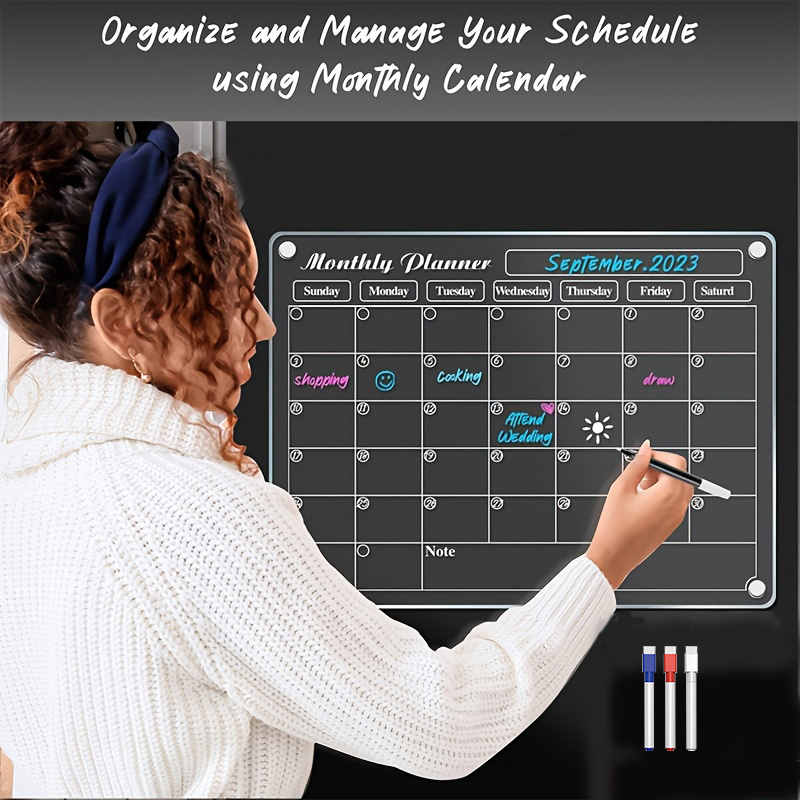 TEMU Transparent Acrylic Magnetic Whiteboard Calendar Board, Suitable For Refrigerator, Adult Monthly Planner, With Highlighter Pen, Wall Planning