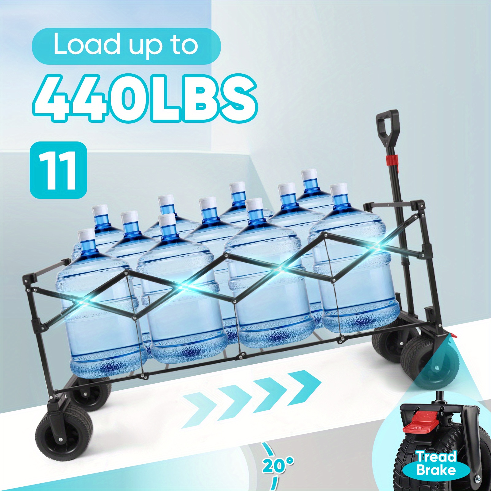 Collapsible folding garden cart with extended tailgate, 500L large capacity, heavy-duty steel frame, supports up to 440 lbs. Equipped with oversized all-terrain wheels for smooth movement on sand, grass, and gravel. Ideal for shopping, camping, garde