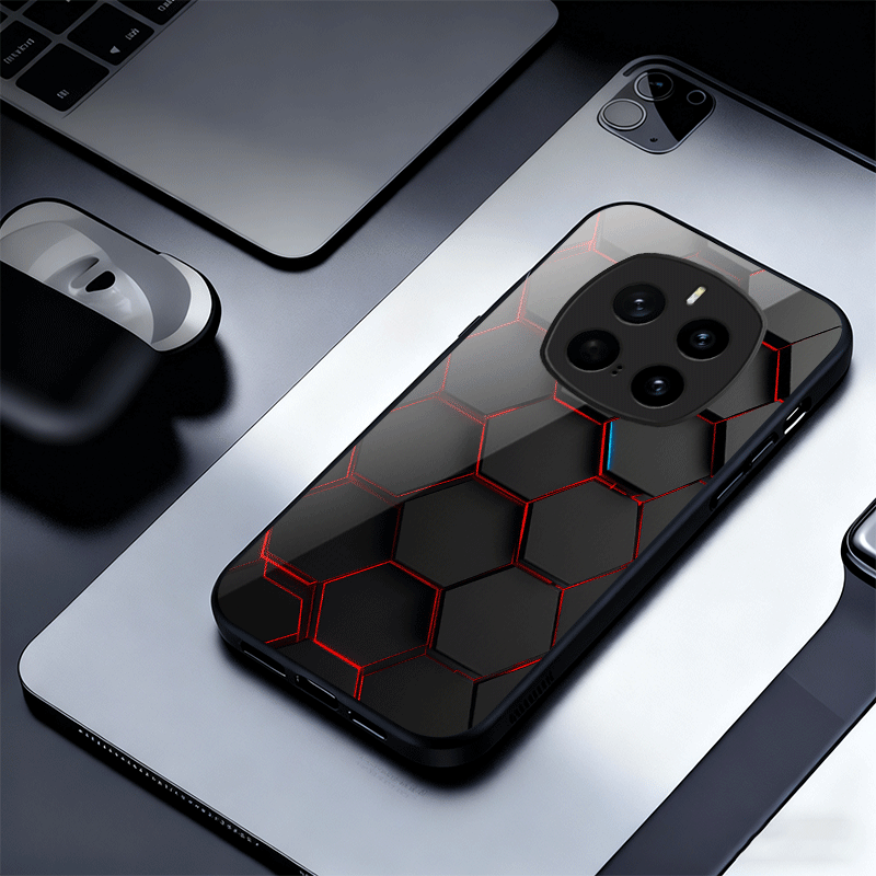 TEMU Phone Case: Black And Red Honeycomb Pattern White Light Glass Phone Case, Light Luxury High-end Feel, Compatible With Honor
