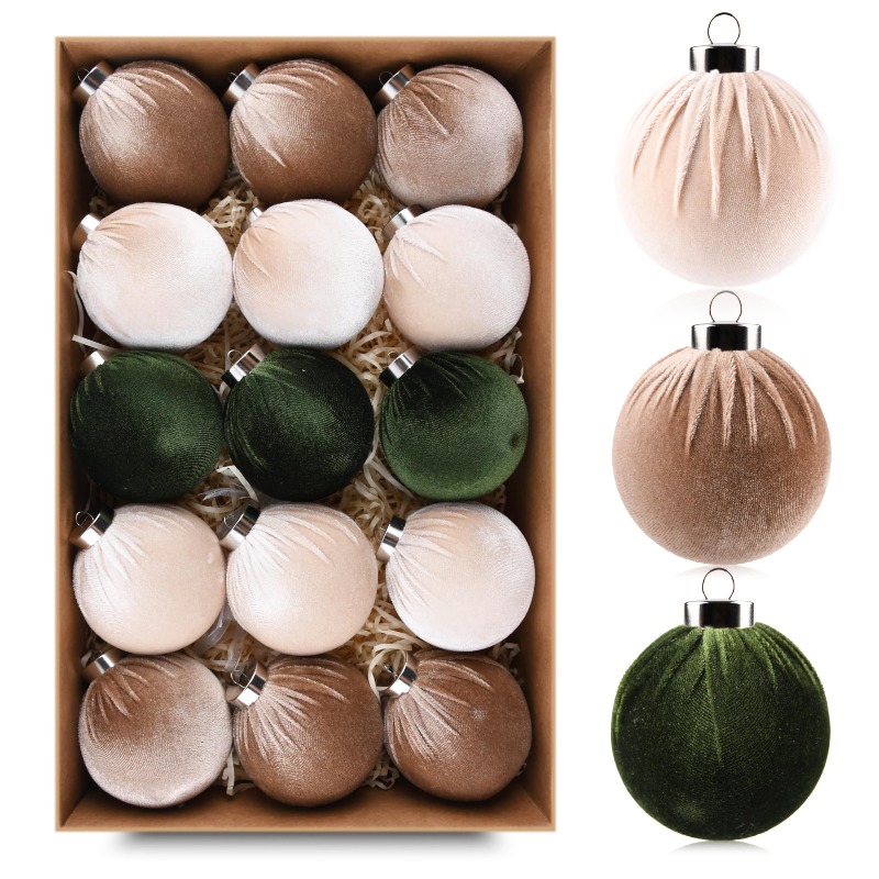 TEMU Christmas Tree Ornaments Velvet Balls - 15pcs Anti-shattering Christmas Light Bulb Decoration Set - Green Brown Neutral, 60mm 2.
