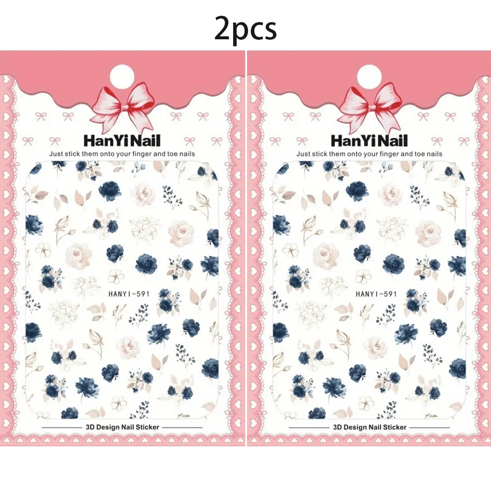 Image of 2 Sheets Of 3d Watercolor Blue And White Floral Nail Stickers - Reusable Matte End, Self-adhesive Nail Art Decals, Featuring Embroidered Floral Designs For Women