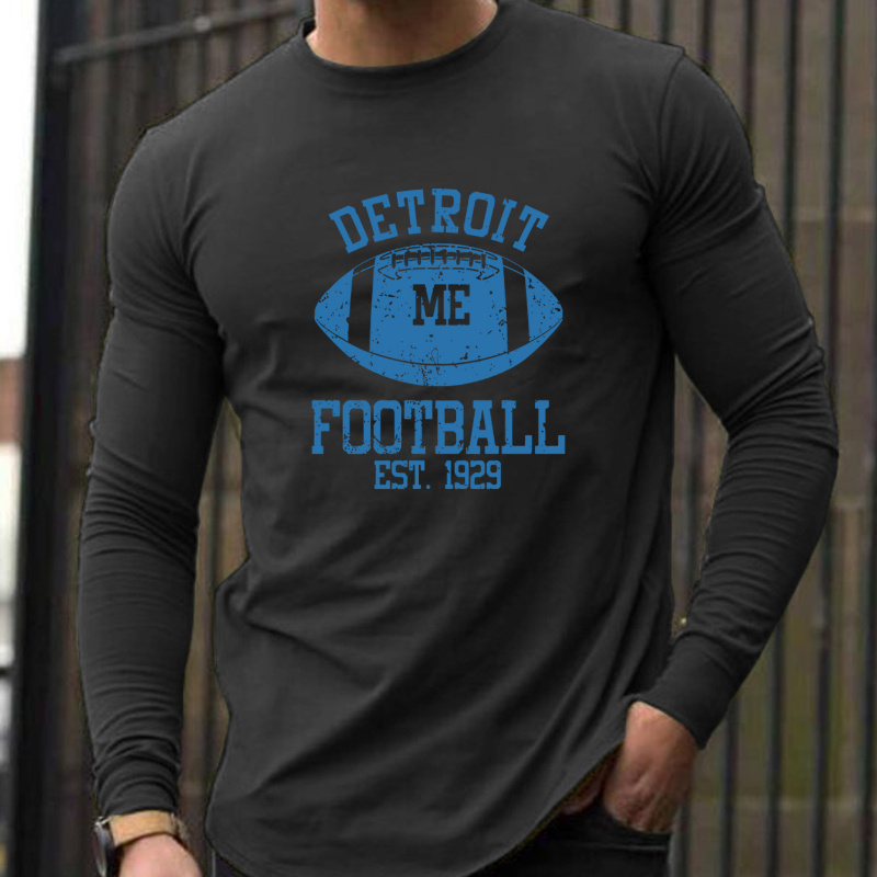 

Detroit Football Print Men's Casual Crew Neck Long Sleeve T-shirt, Polyester Knit With Slight Stretch, Regular Fit, Fall Fashion Top, Men's Gift - Est. 1929