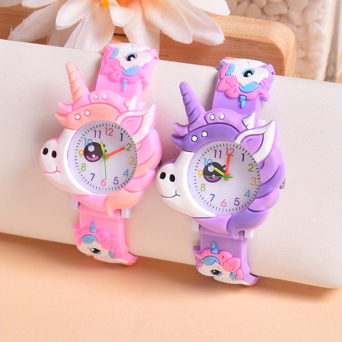 Image of Set Of 2pcs 3d Cartoon Pony Silicone Strap Quartz Watch Cute Wristwatch Creative Moving Hands Quartz Watch