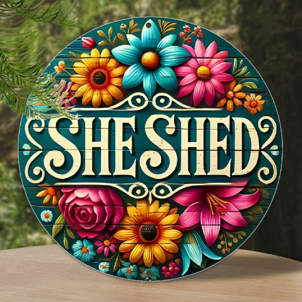 TEMU 1pc Aluminum Floral Themed Sign 1pc, She Shed Round Plaque, Indoor Wall Art For Home, Bar, Garage, Cafe, Garden Decor, Durable Farmhouse