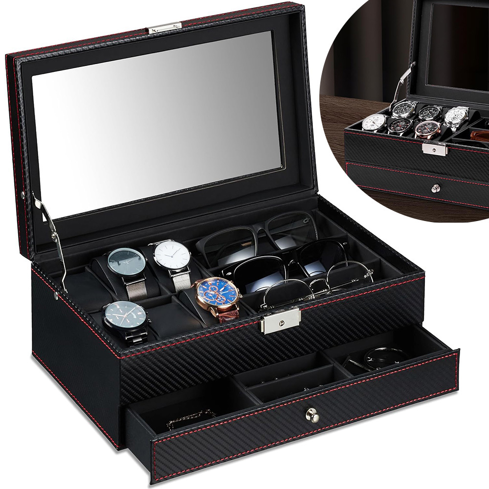 Image of 33x20x13cm Watch Storage Case Faux Leather Carbon Fibre For Home Display Gift
