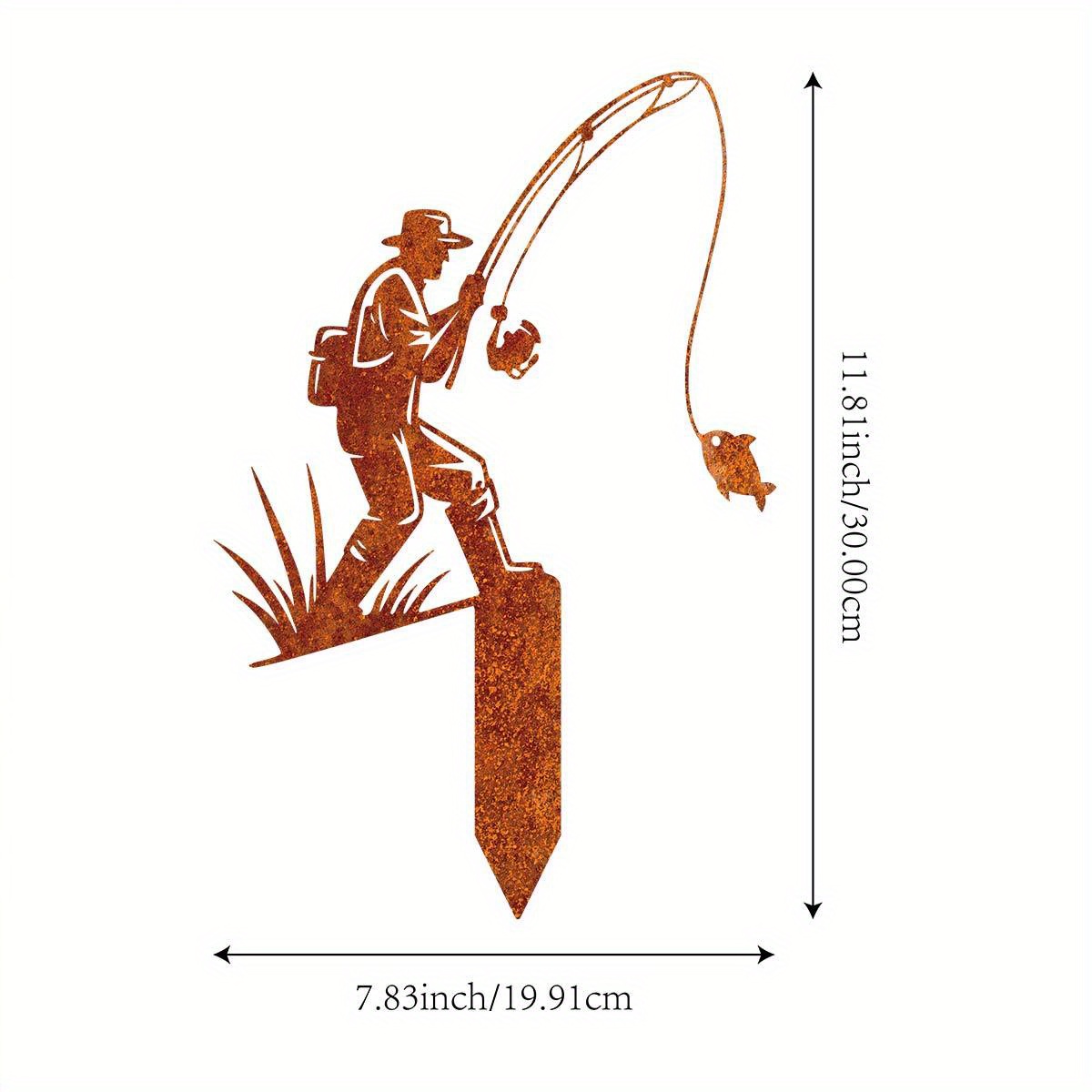 TEMU 1pc Rusty Metal Fishing Garden Stake - Outdoor Art Decor With Fisherman Silhouette Design, Inch Rustic Lawn & Patio Decoration For Christmas,
