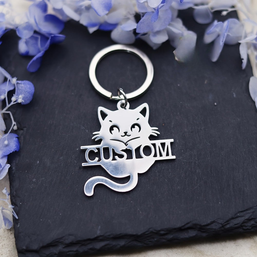TEMU カスタムネーム チェーンレス 猫キーホルダー - レーザーカット ステンレス製 パーソナライズ ペットキーリング かわいい猫デザイン 記念品 精密彫刻 ラバー向けファッションアクセサリー