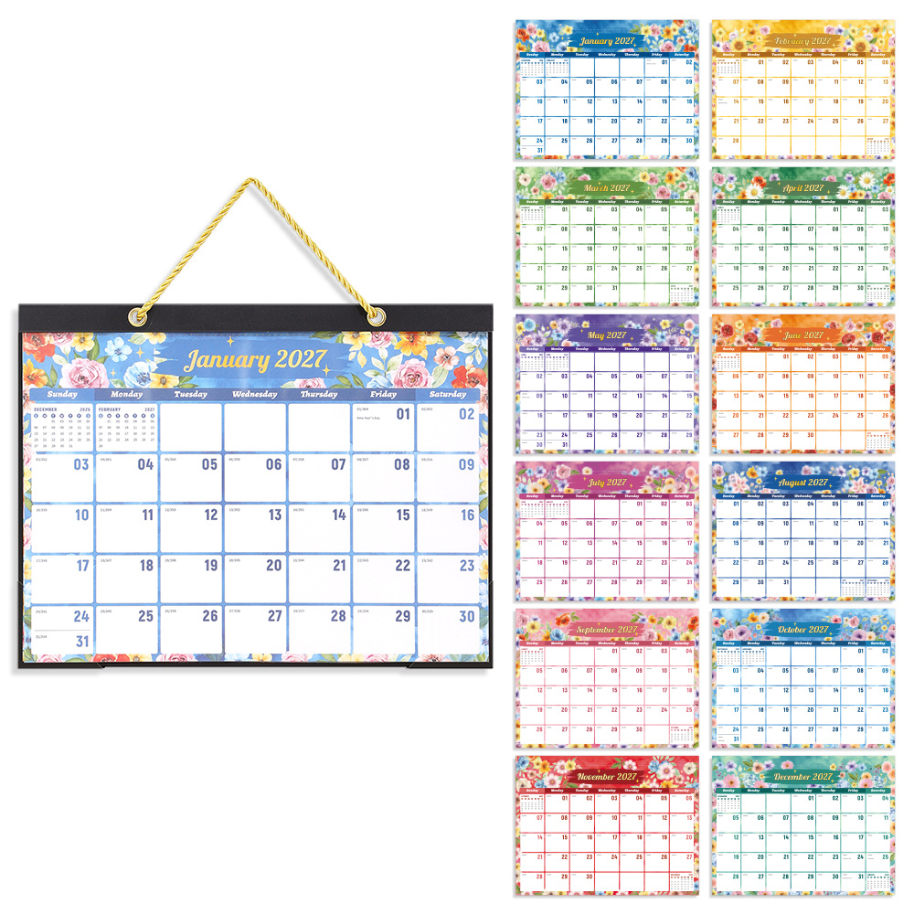 TEMU Calendrier mural 2027, planificateur mensuel, style floral coloré, organisateur de planning mural à suspendre, planificateur de dates