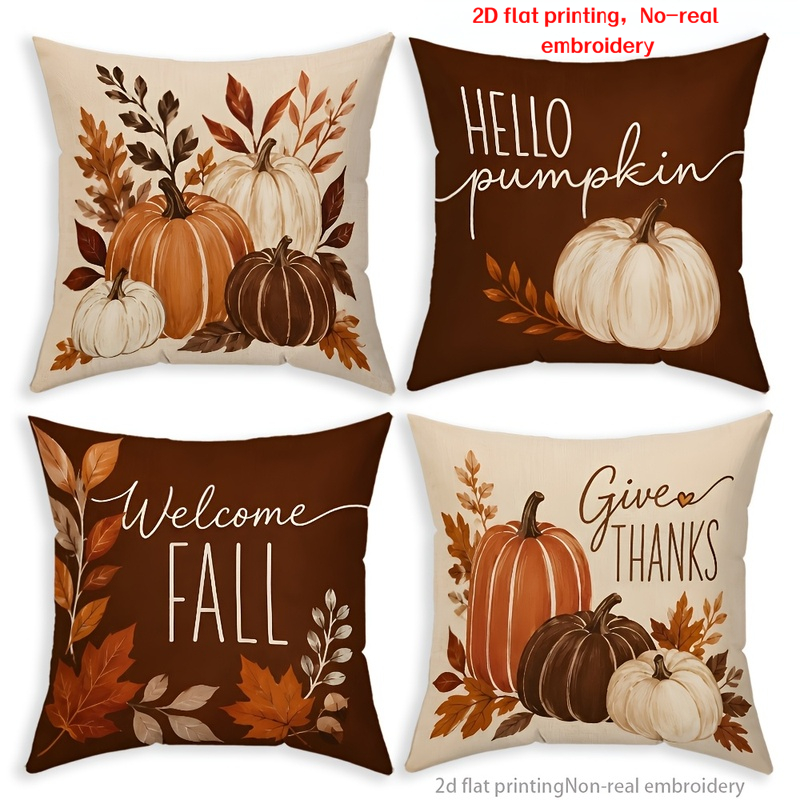 TEMU 4pcs Ktka Dark Brown Pumpkin & Maple Leaf Cushion Covers Suitable For Fall Thanksgiving Decor, Contemporary Zippered Pillowcases With Watercolor