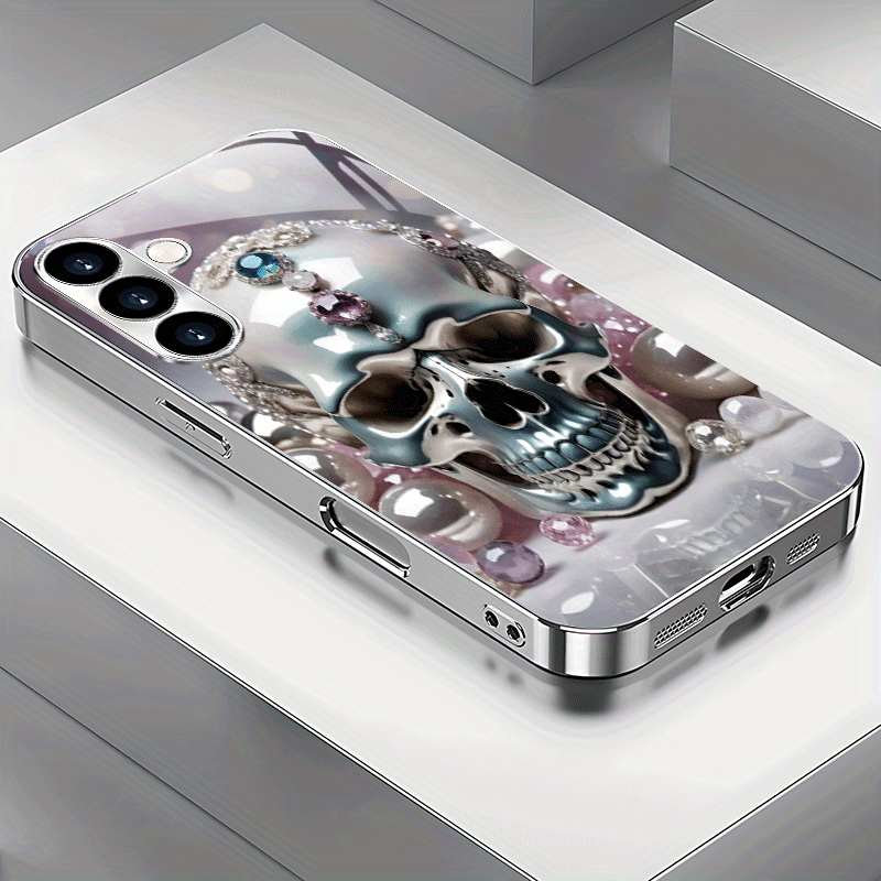 E-shop Handyhülle: Premium Edelstein Metallisch Silbriger Totenkopf Galvanisiertes Silber Gehärtetes Glas Neue Handyhülle für for Samsung Galaxy