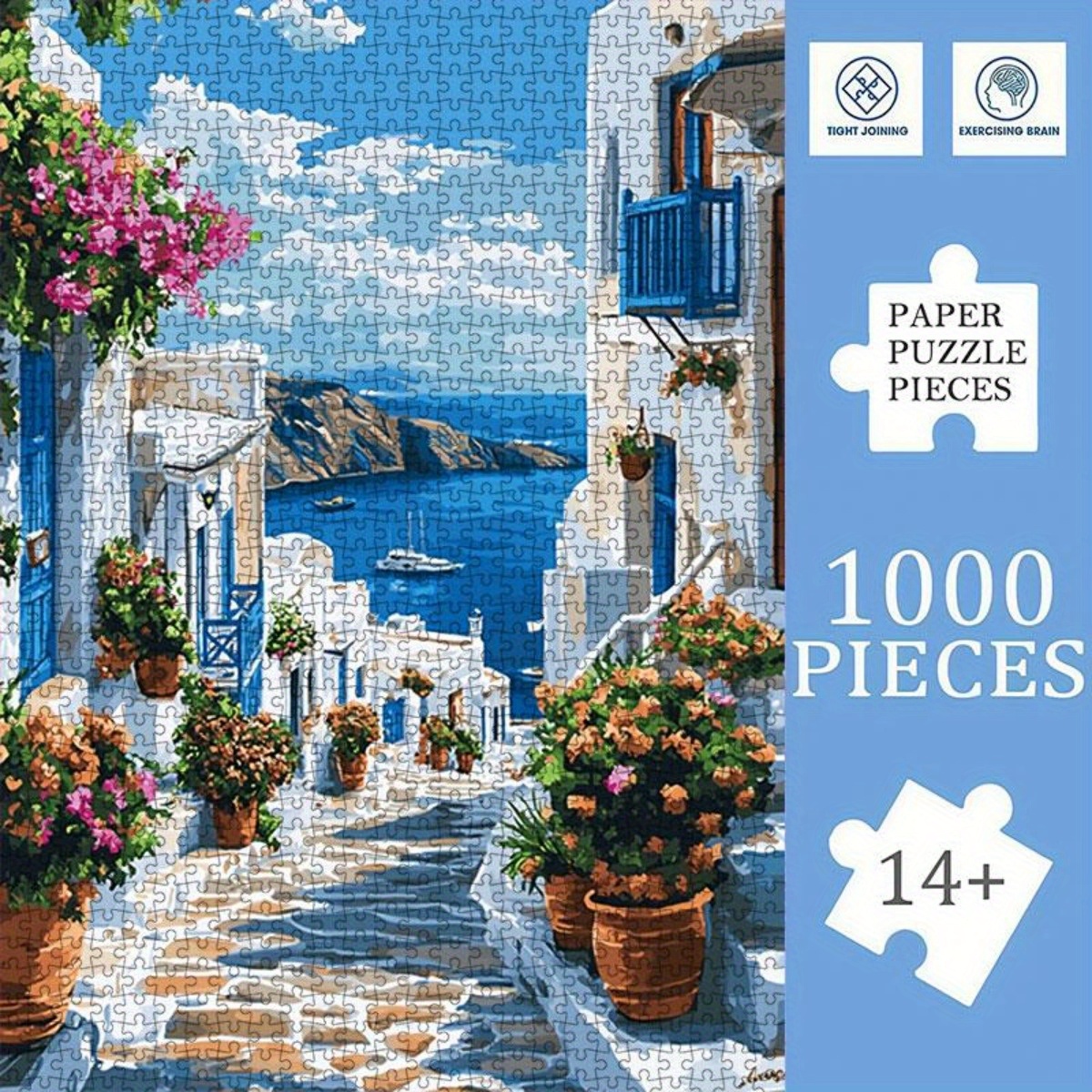TEMU 1000 Adult Puzzles - Frameless - Santorini Street Puzzles - - With White Buildings - Blue Domes And Flowers - Festivals And Home Decoration -