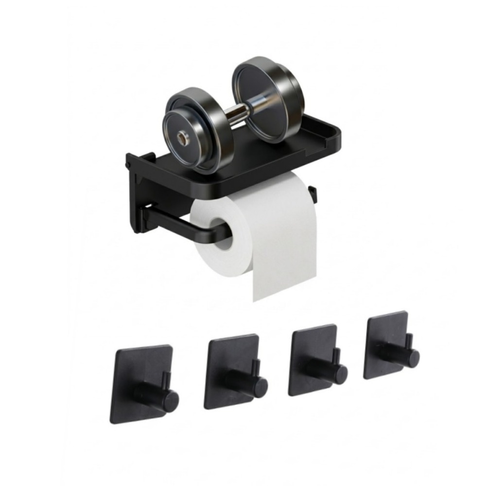 TEMU 5pcs Heavy-duty Bathroom Accessory Set, Including 1pc Foldable Tissue Holder And 4pcs Towel Hooks, No Drilling Required, Rust-proof, Waterproof,