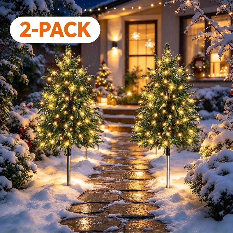 TEMU 2pcs Set Of Solar-powered Christmas Tree Stake Lights, Outdoor Solar-powered Led Christmas Path Lights, Ip65 Warm White Lights For Garden,