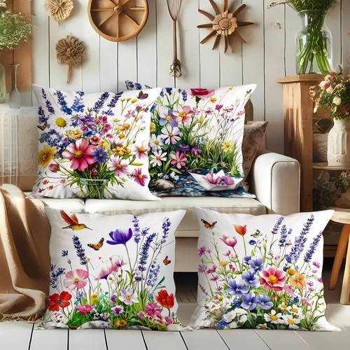 set of 4 spring floral themed single sided printed pillow covers featuring of paper sailboats spring flowers stream with zipper closure machine washable