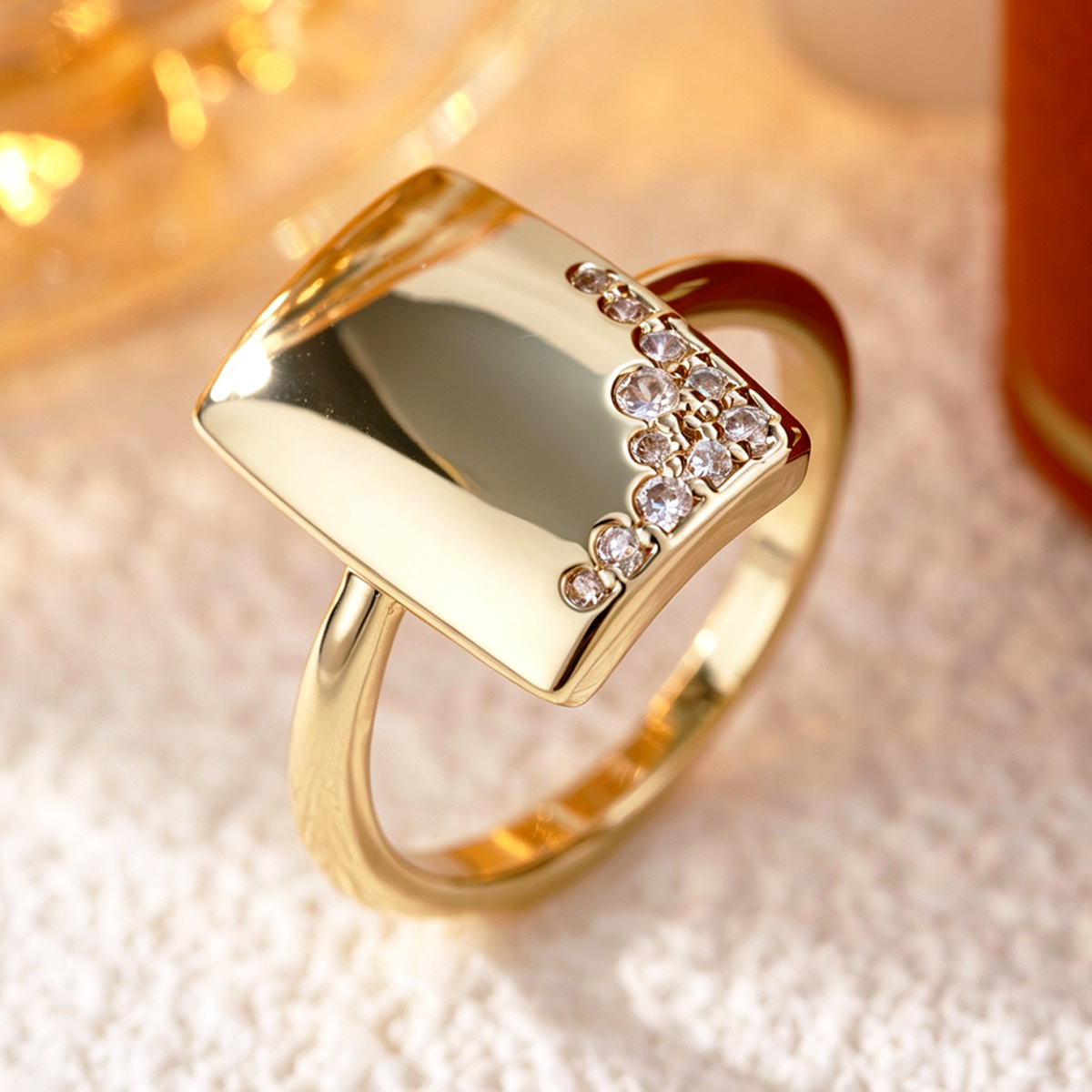 TEMU 1 High-quality Rectangular Smooth-faced Synthetic Zirconia-set Ring Made Of Copper, Featuring Luxury Geometric Square Synthetic Zirconia Design.