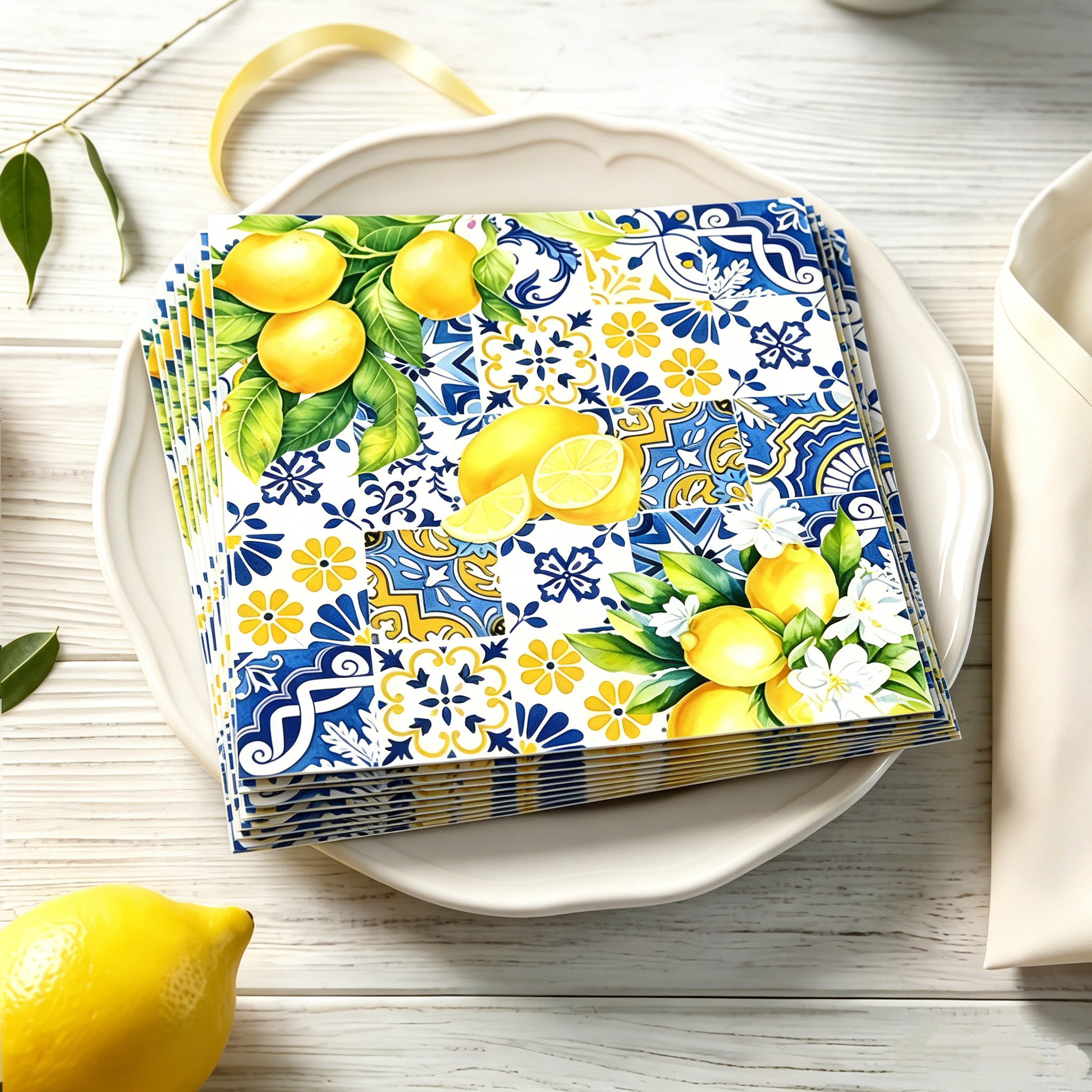 Image of 40pcs Mediterranean Style Tile-print Paper Napkins, Disposable Bento Napkins For Summer Bridal Parties, Italian-themed Gatherings, , And Weddings For Halloween、christmas