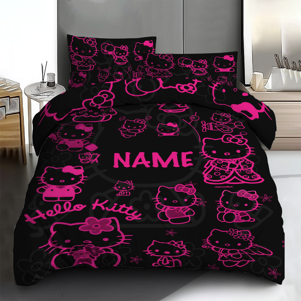 

Sanrio Hello Kitty Customizable 3pcs Bedding Set - Personalized Name Polyester Duvet Cover Set With 2 Pillowcases, Machine Washable, , Ideal For Home & , Use