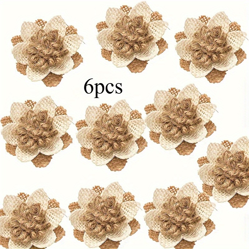 Image of 6pcs Rustic Burlap Floral Decor - Handmade Natural Jute Flower Embellishments, Suitable For Diy Crafts, Wedding Tablecloths, And Vintage Outfit Accents