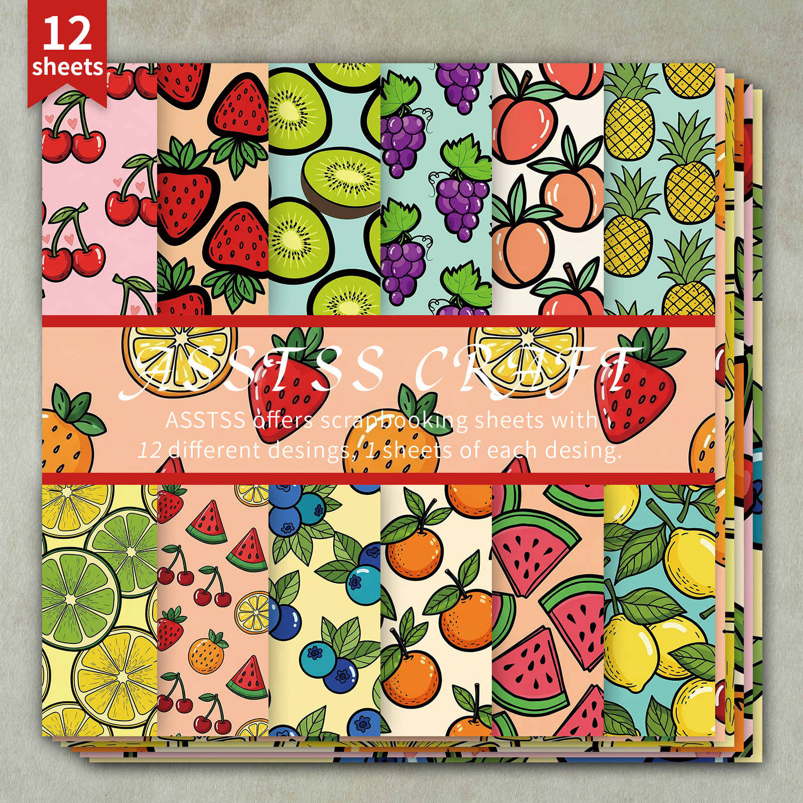 TEMU 12-sheet Asstss Heavyweight Scrapbooking Paper Pad Suitable For Journaling, Collage Art & Crafts - 6"x6" Cardstock Sheets With Vibrant Fruit &