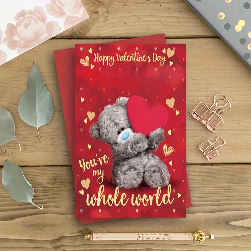 

1pc, Valentine's Day Card, A Valentine's Day Card Featuring A Cute Gray Teddy Bear Holding A Red Heart And Surrounded By Hearts In The Background. As Gift Cards, Are Suitable For Gifting To