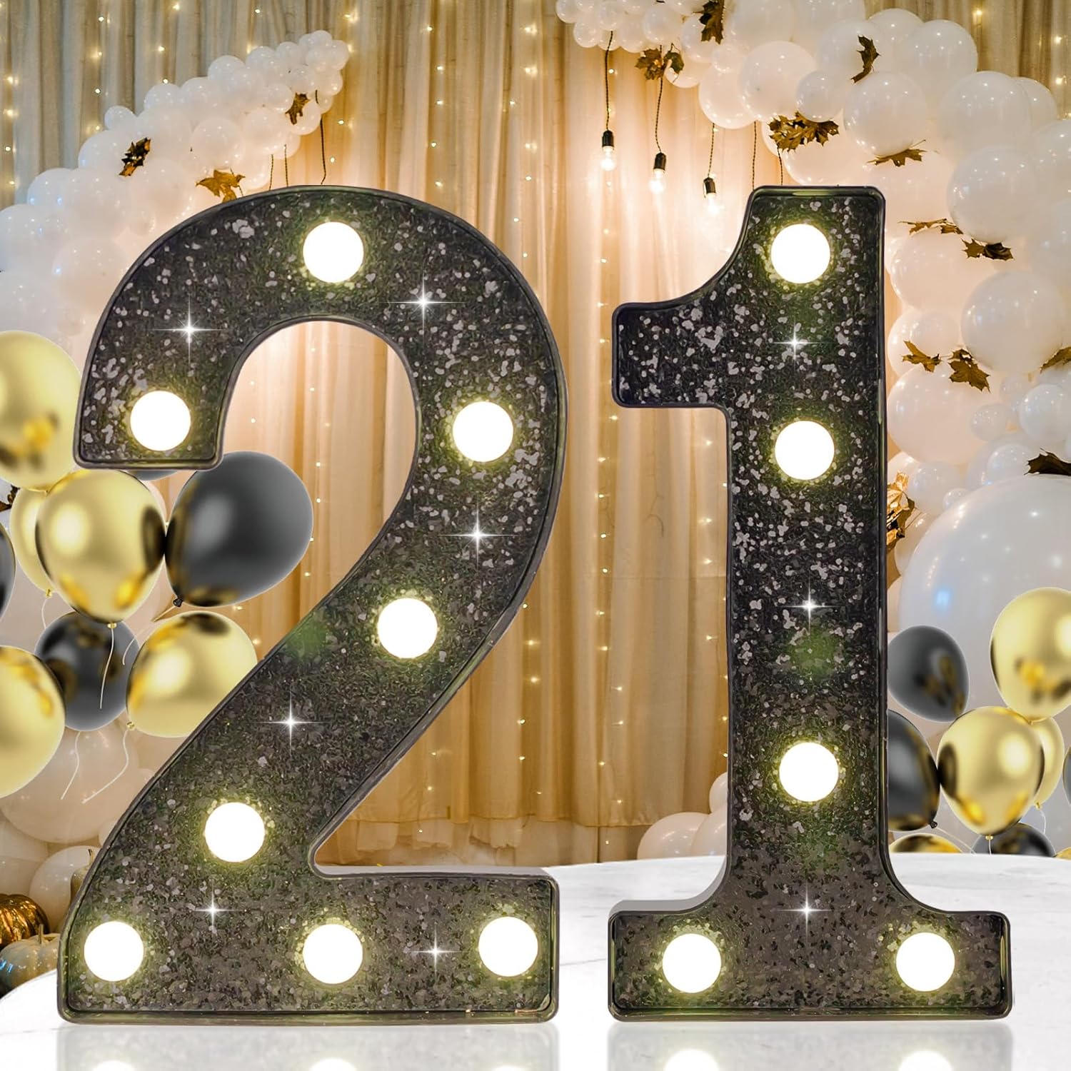 TEMU 2 stuks, 21e Verjaardag Decoratie Festival Licht Display, Decoratieve LED Licht Nummer voor Verjaardagsfeest, Zwarte Letter Nummer met Glitter,