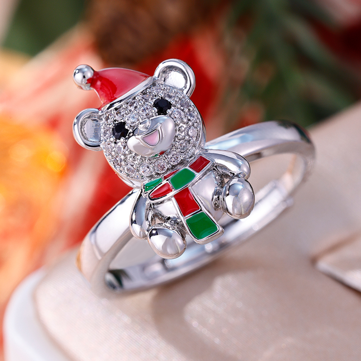 Women's Christmas Teddy Bear Open Ring, Holiday Gift