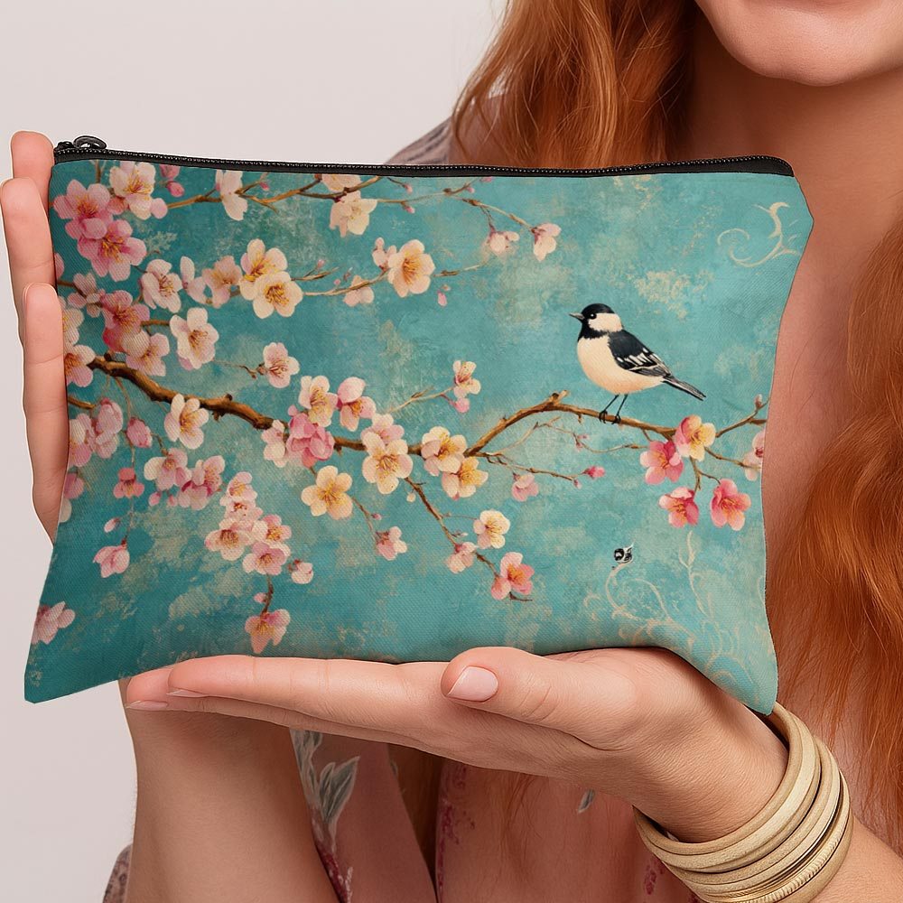 TEMU 1pc Makeup Bag - Vintage Botanical Print With Bird On Cherry , Lightweight Travel Organizer, Portable Toiletry Bag With Zipper, Chic And