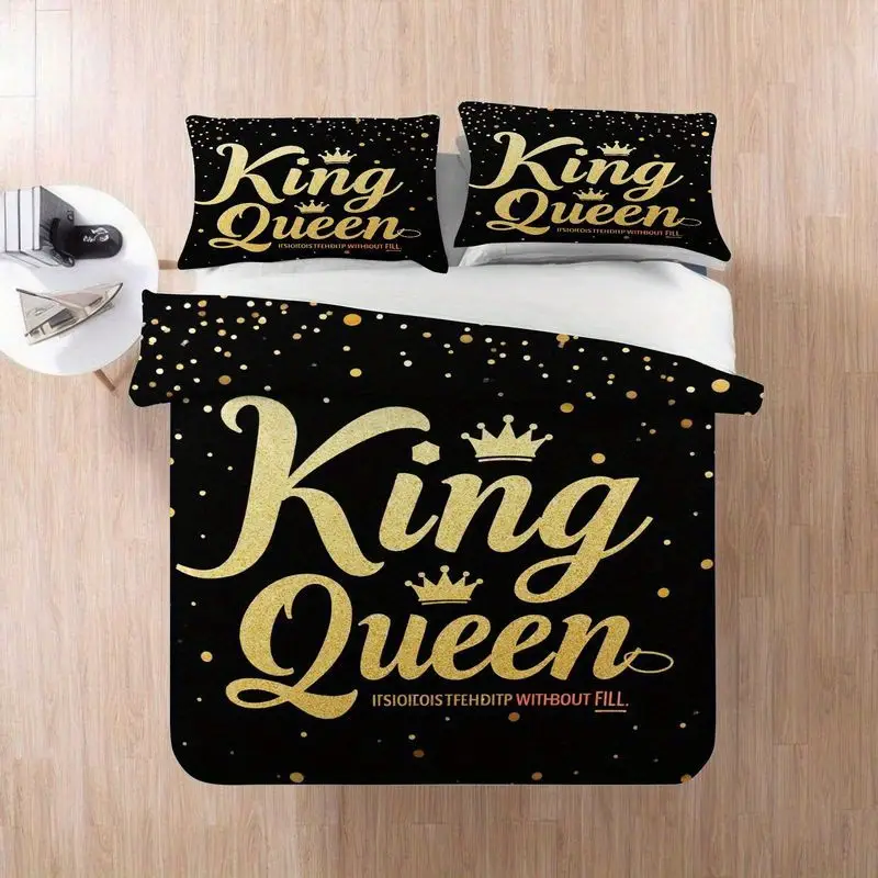 3pcs luxury king queen golden letter print duvet , modern romantic black theme bedroom decor, soft polyester fabric for master 1 duvet +2 pillowcases, queen size bedding set, king size sets, queen bed comforter set, set, durable fabric, bedding, pillowcase set, couples gift, home decor lovers Product details 5