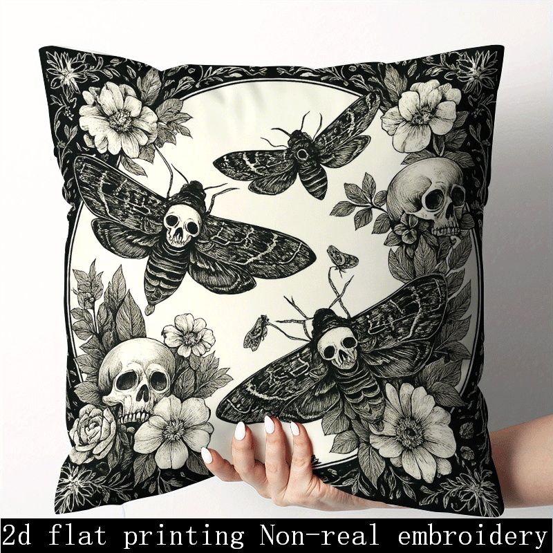 TEMU 1pc Gothic Bohemian Moth & Pillow Cover 18x18 Inch (45x45cm) - Black & White Victorian Case With Zipper Closure, Machine Washable Polyester,