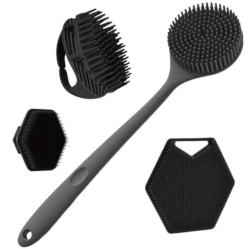 4pcs Silicone Body Brush Set - Long Handle Back Cleaning Brush, Gentle Hair and Facial Brush, Handheld Bath Brush - Non-Electric, Non-Slip Handle, Deep Cleaning and Massage Tool