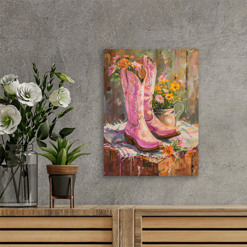 chic pink cowboy boots floral canvas art pastel oil painting