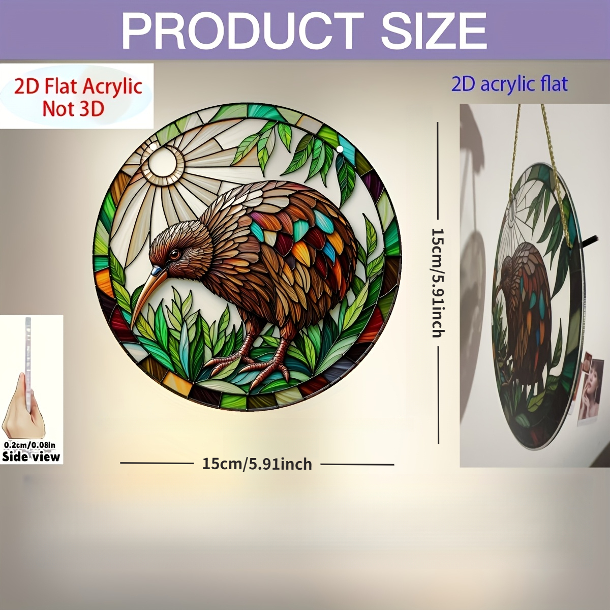 TEMU 2d Flat, 2d Flat Vivid Kiwi Bird And Maori Pattern Acrylic Sun Catcher - Colorful Flat Artwork For Bedroom, Living Room, Or Office Decor, With