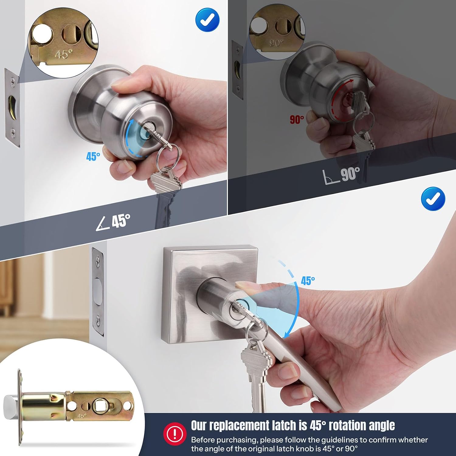 Adjustable Deadlatch Keyed Entry Door Lock with 45° Turning Angle