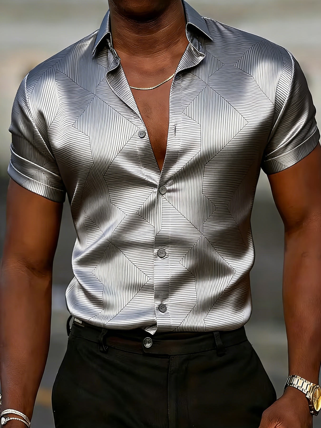 mens short sleeve button shirt with collar breathable   fabric geometric collar design suitable for all base layer casual button up blouse for daily wear social occasions machine washable wardrobe essential