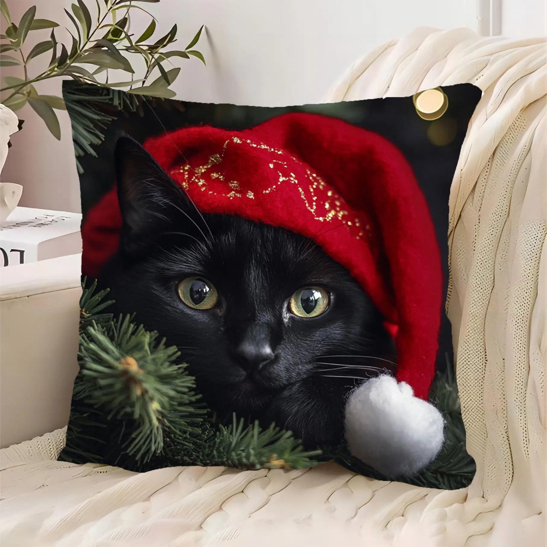 TEMU 1pc Pillowcase, Merry Christmas, Black Cat Design, 45cm X 45cm, Polyester Pillowcase, Soft And Smooth Polyester Short Plush Fabric, Single-sided